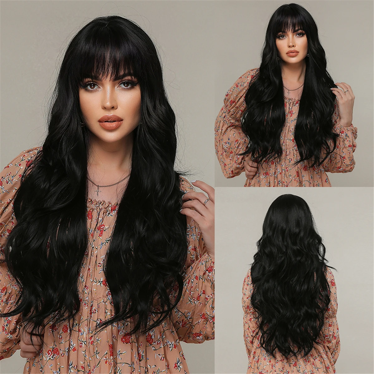 

JOVIA large wavy reddish brown black synthetic wig with fringe suitable for daily festive costume parties Lolita style wig
