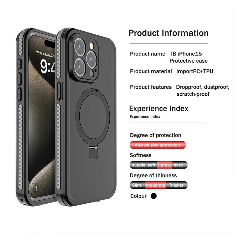 Wireless with Magsafe and Metal Bracket anti drop Transparent IP68 Waterproof Phone case Suitable For iPhone 15 Pro Max Plus