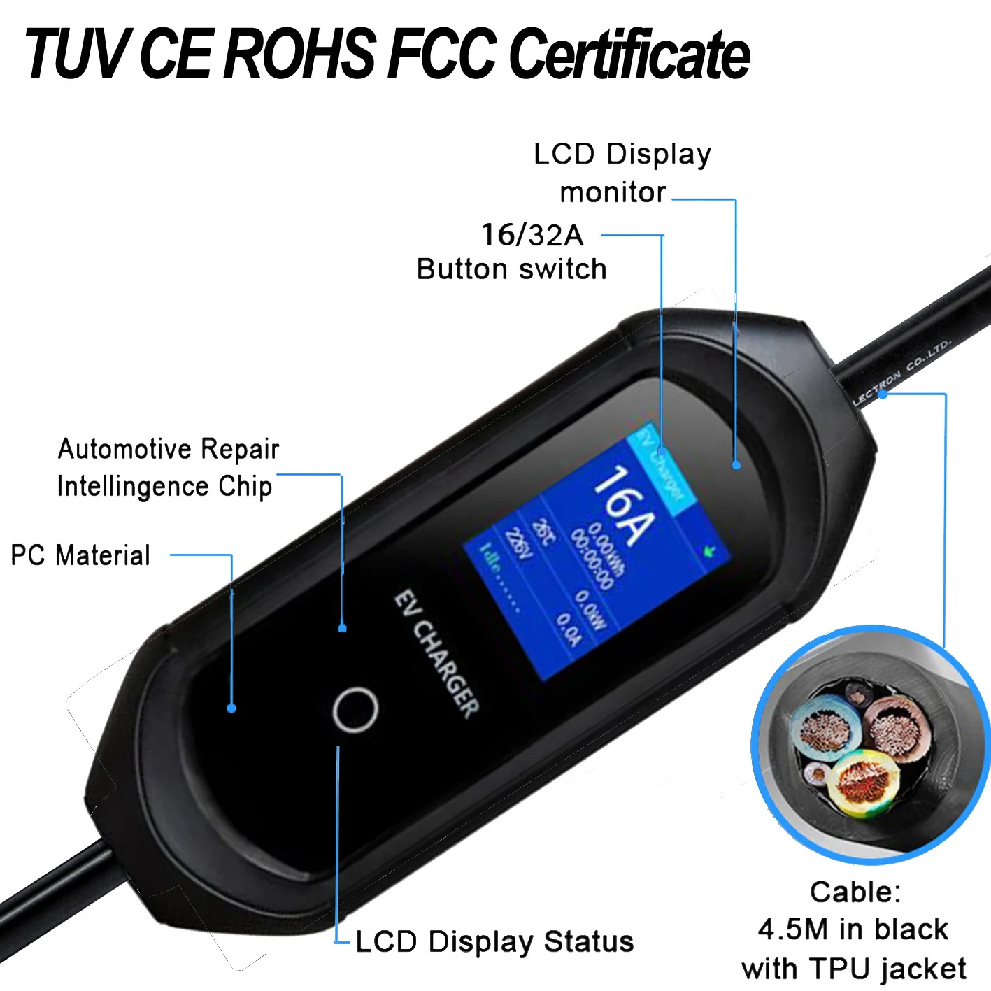 Adjustment EVSE J1772 type 1 220v 32a 7kw  portable ev charger  with blue cee