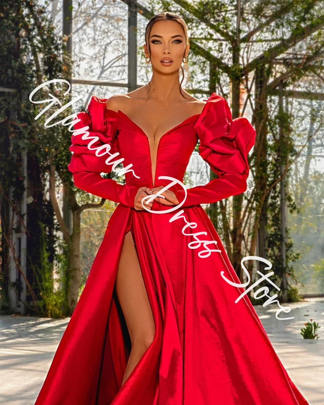 Customized Exquisite Satin A-Line Off The Shoulder Evening Dresses Strapless Long Sleeves Panel Train Red Celebrity Go