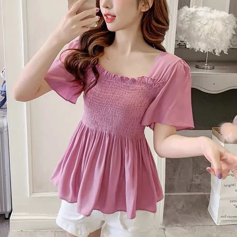 Vintage Summer White Blouses Women 2024 Fashion Sexy Casual Chiffon Ladies Tops Korean Short Sleeve Ruffles Slim Corset Blouse