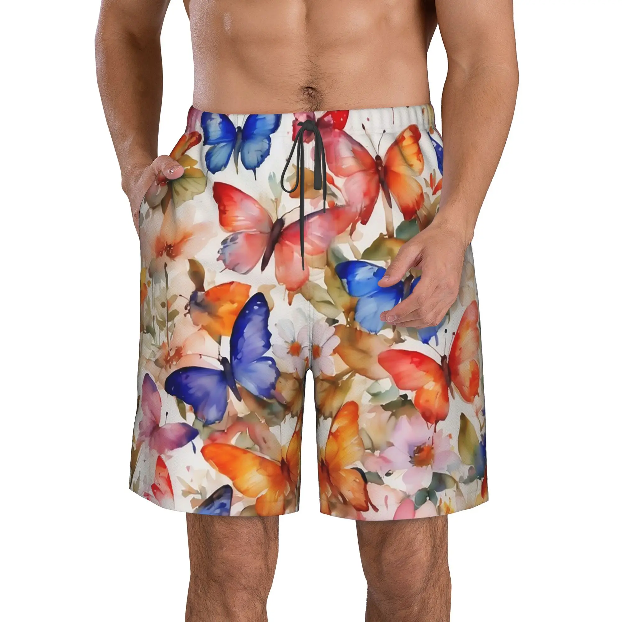 Colorful Butterfly Watercolor Painting Art Trunks Beach Board Shorts Casual Quick Dry Swim Summer Men Pants