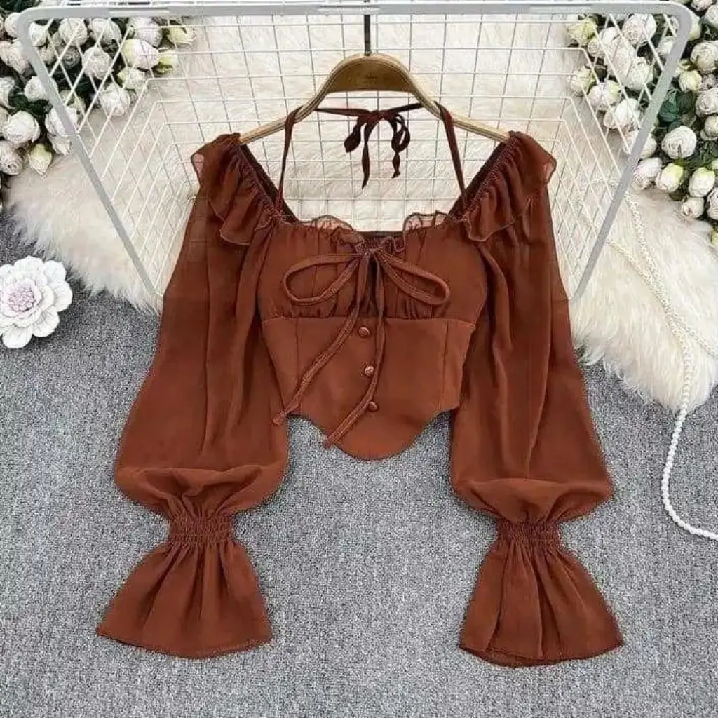 

Женская рубашка с открытыми плечами и рукавами-колокольчиками, облегающий короткий топ в западном стиле Pure Desire