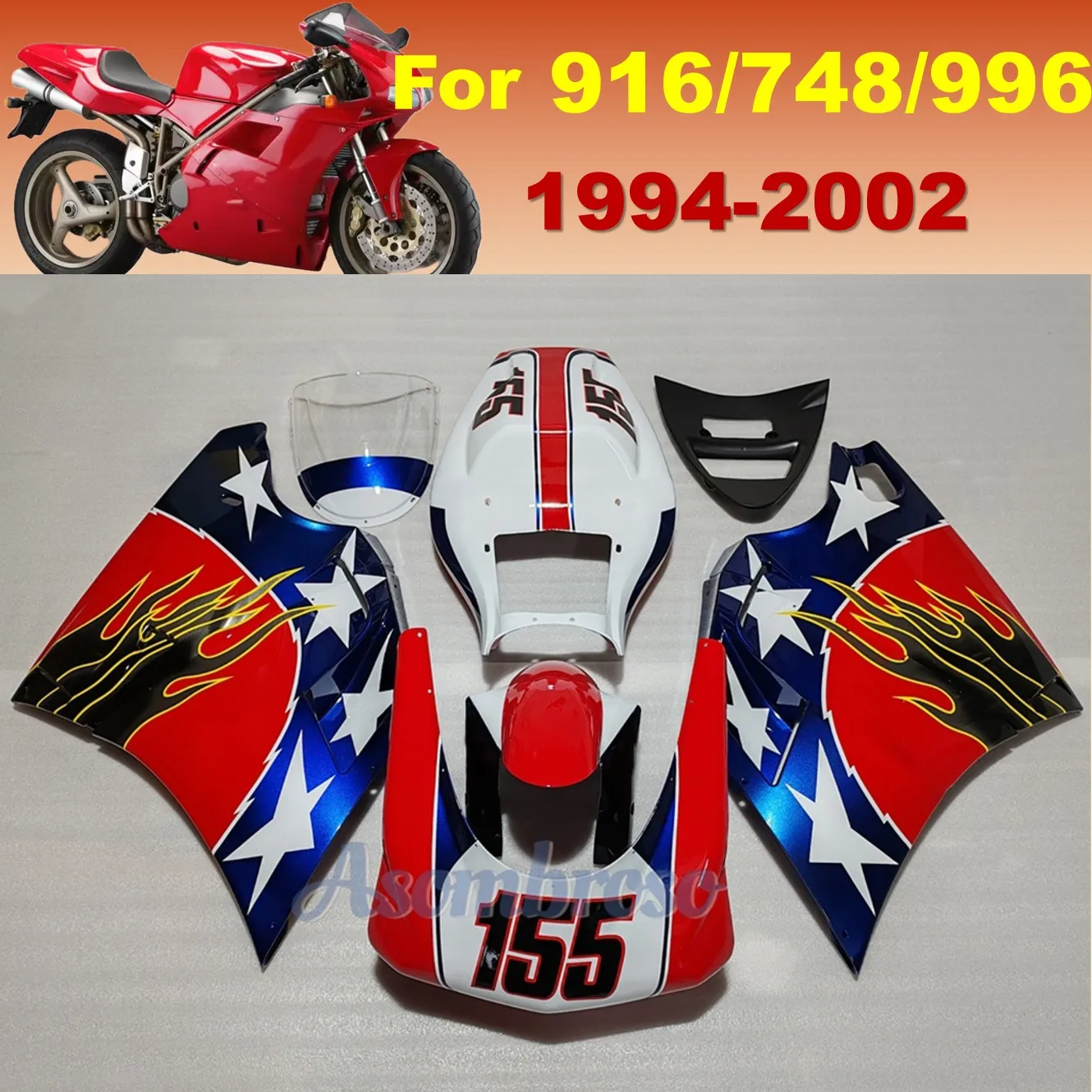 Fit for Ducati 916 996 748 998 Motorcycle Full Fairing 1994 1995 1996 1997 1998 1999 2000 2001 2002 Flame Sticker Body Cowl