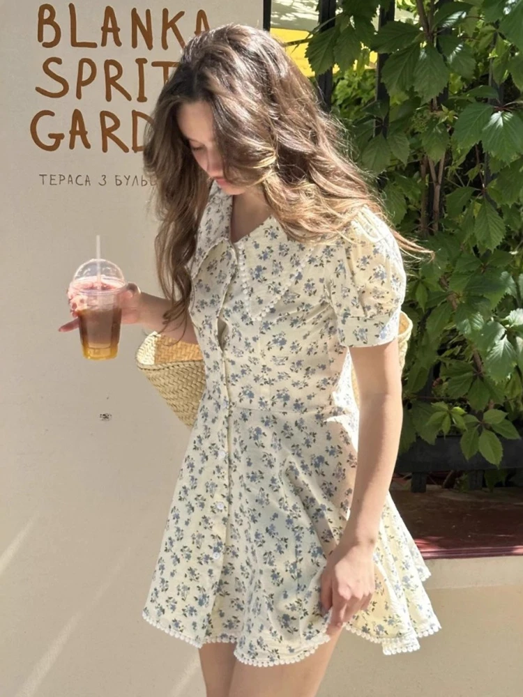 Mini vestido estampado elegante Tossy para mujer, cuello Peter Pan, mangas abullonadas, estilo princesa, contraste, cintura alta, vestido de fiesta para mujer