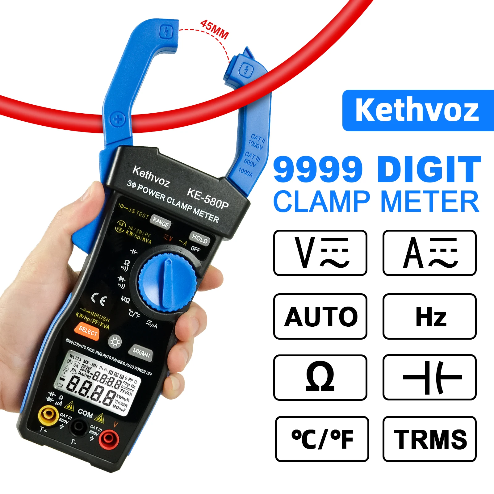 Kethvoz KE-580P Three-Phase  Clamp Meter 9999 Display Power Tester Meter In-Rush Current,True RMS,ACV,ACA,KW,KVA,for HVAC