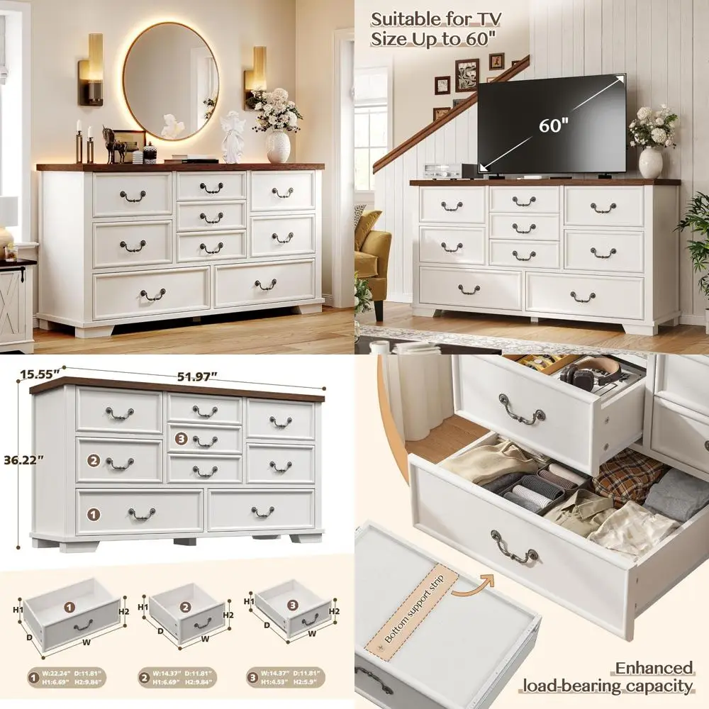 

Деревянный комод с 9 ящиками в винтажном стиле, 52 дюйма, для спальни, прихожей, антикварной отделки