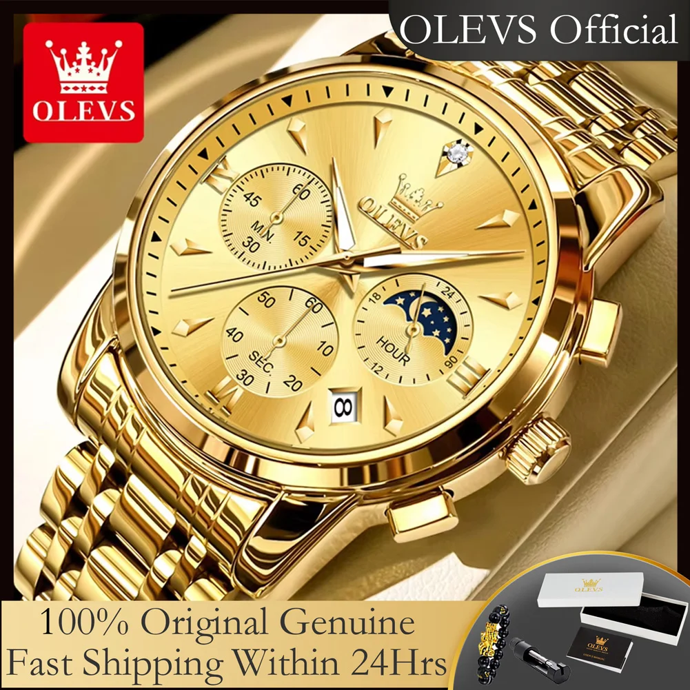 

OLEVS 3639, новые кварцевые часы, часы из нержавеющей стали для мужчин, водостойкий светящийся хронограф с фазой Луны, оригинальные мужские часы