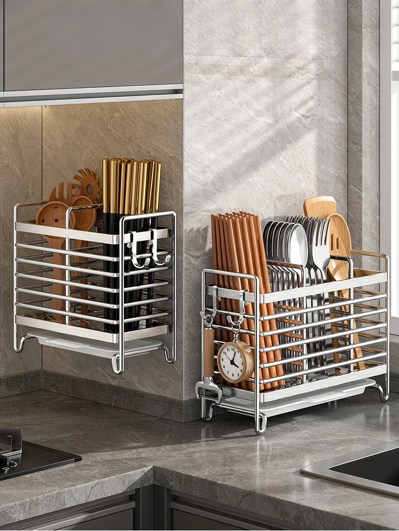 Wandmontierter Utensilienhalter ohne Bohren. Platzsparender Organizer aus Edelstahl für Küchenbesteck, ideal für kleine Räume – Detail 1