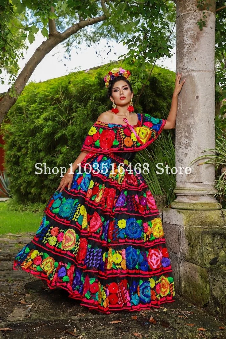 Red Black Mexico Charro Prom Party Dress Elegant One Shoulder Floral Embroidery Featured A-Line Long Dress Vestidos De Festa