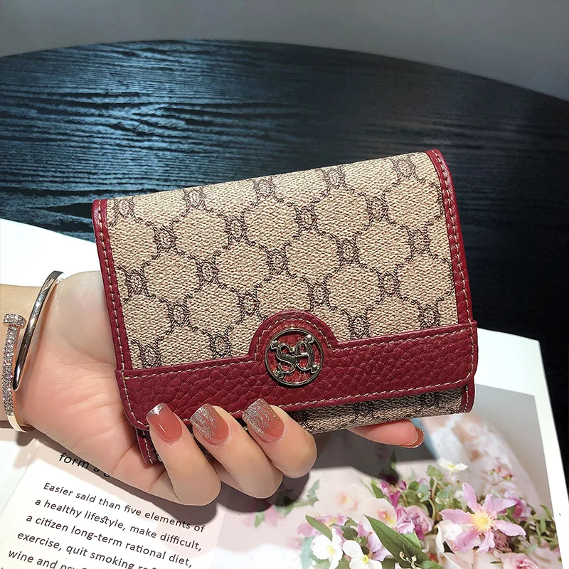 Cartera corta de dos tonos para mujer, billetera de cuero genuino de lujo, monedero triple de cuero de vaca, diseño de marca, billetera con arco