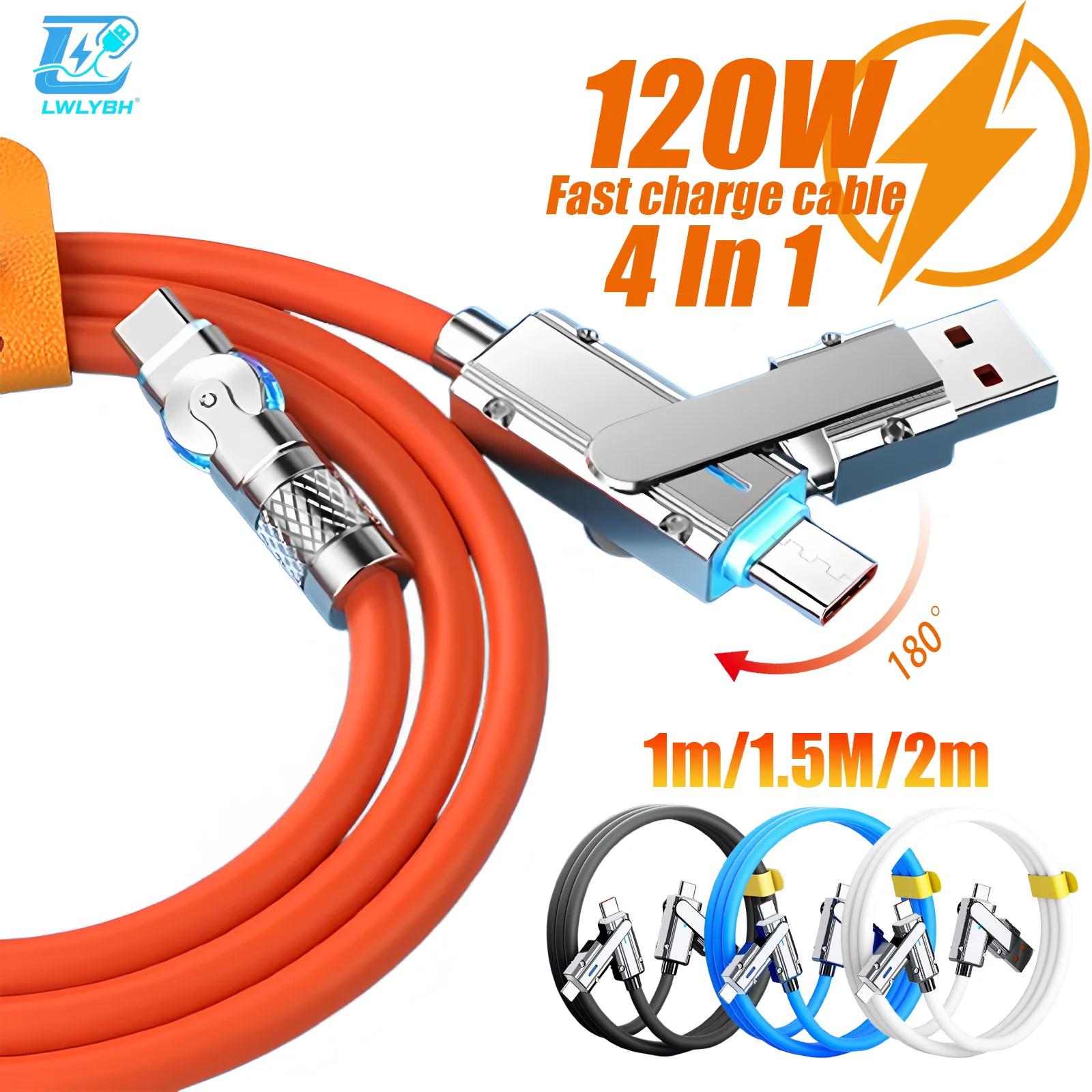 Kabel 4 w 1 120W z podwójnym złączem Type-C PD 180 °   Kabel do szybkiego ładowania z obrotowym złączem do iPhone'a, Huawei, Xiaomi, Samsunga, 2M, kable USB do ładowarki
