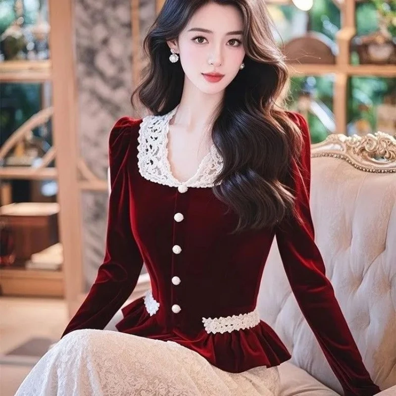 

2025 Spring Fall Women Lace Patchwork High Waisted Ruffles Wine Red Velvet Top Shirt , Woman Autumn Velour Tops Shirts