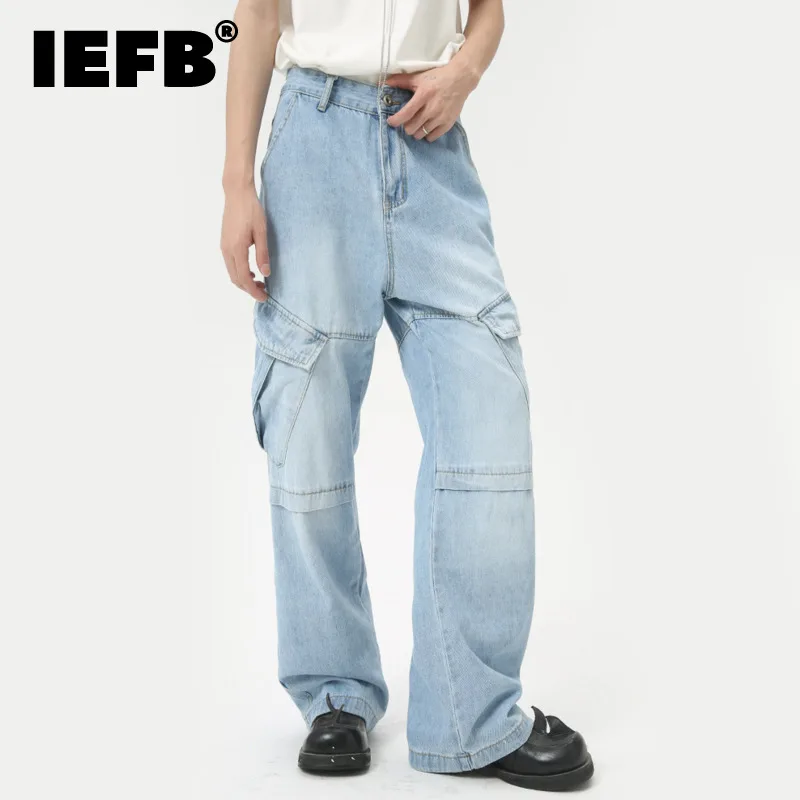 

IEFB High Street Loose Men's Jeans New Multi-pocket Washing Denim Pants Straight Wide Leg Male Trousers Summer 2024 9C6306