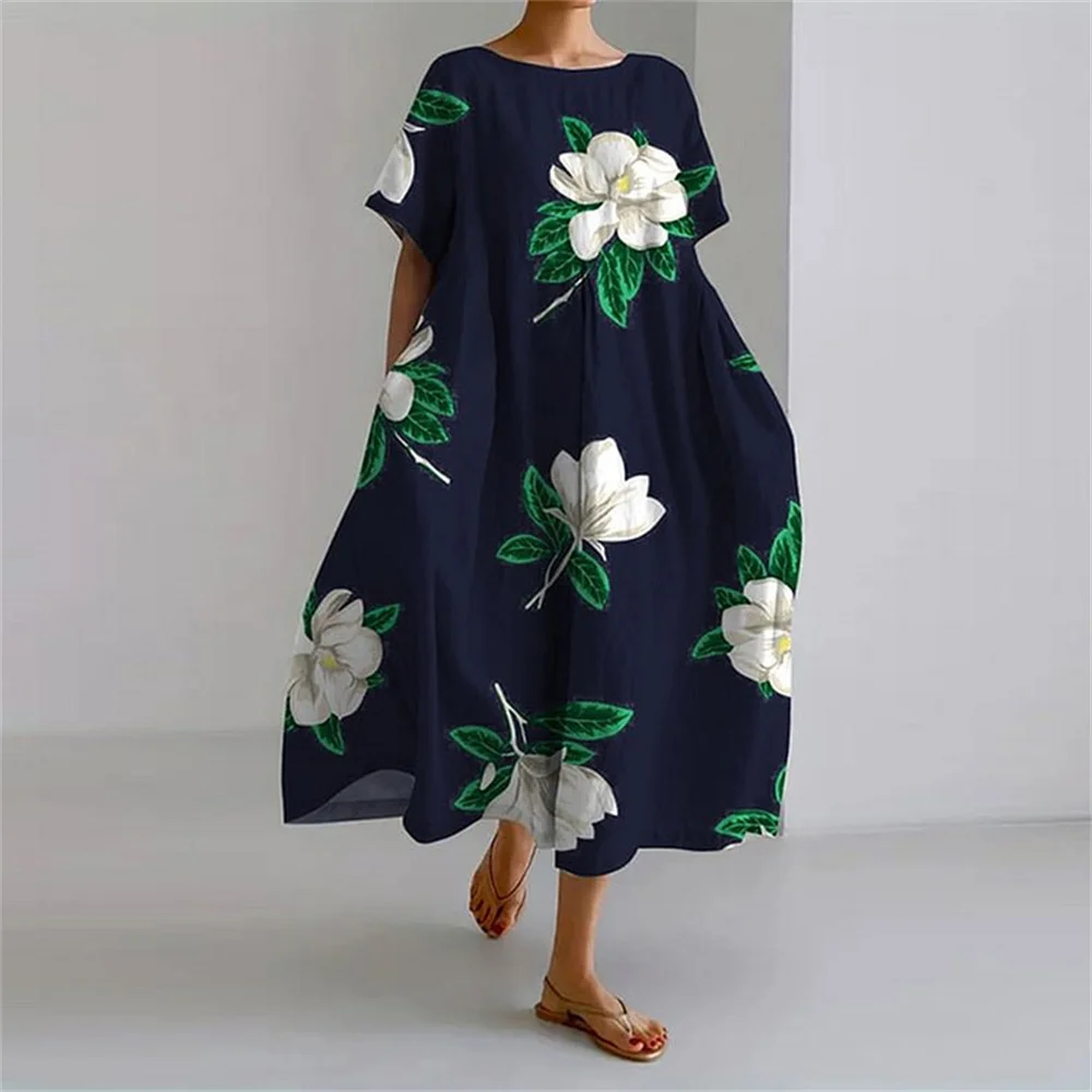 Women's Loose Crew Neck Pocket Dress Women's Casual Elegant Dress Summer New Fashion Gardenia Print Short Sleeve Long Dress