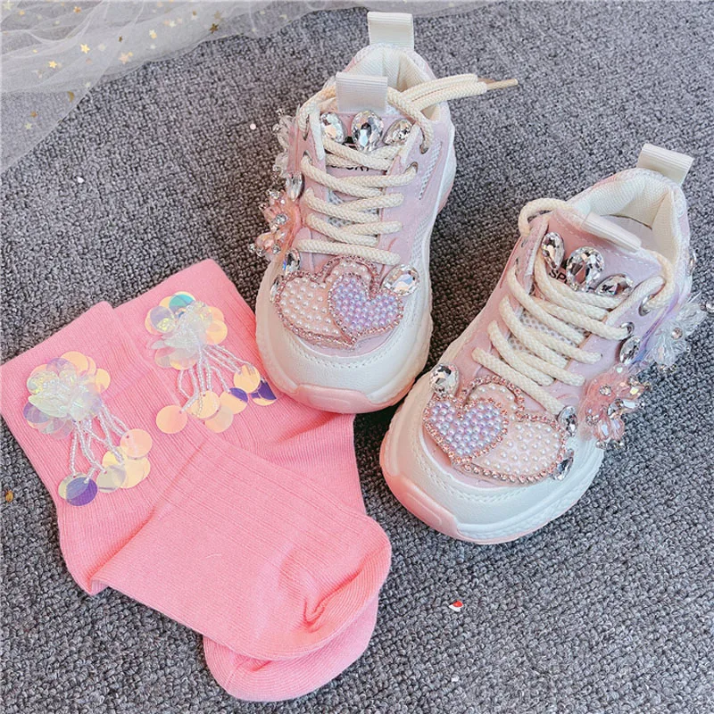 Kids Sneakers 2023 Girls Spring Fashion Casual Running Sports Trainers Brand Breathable Children Pink Pearl with diamond Flats