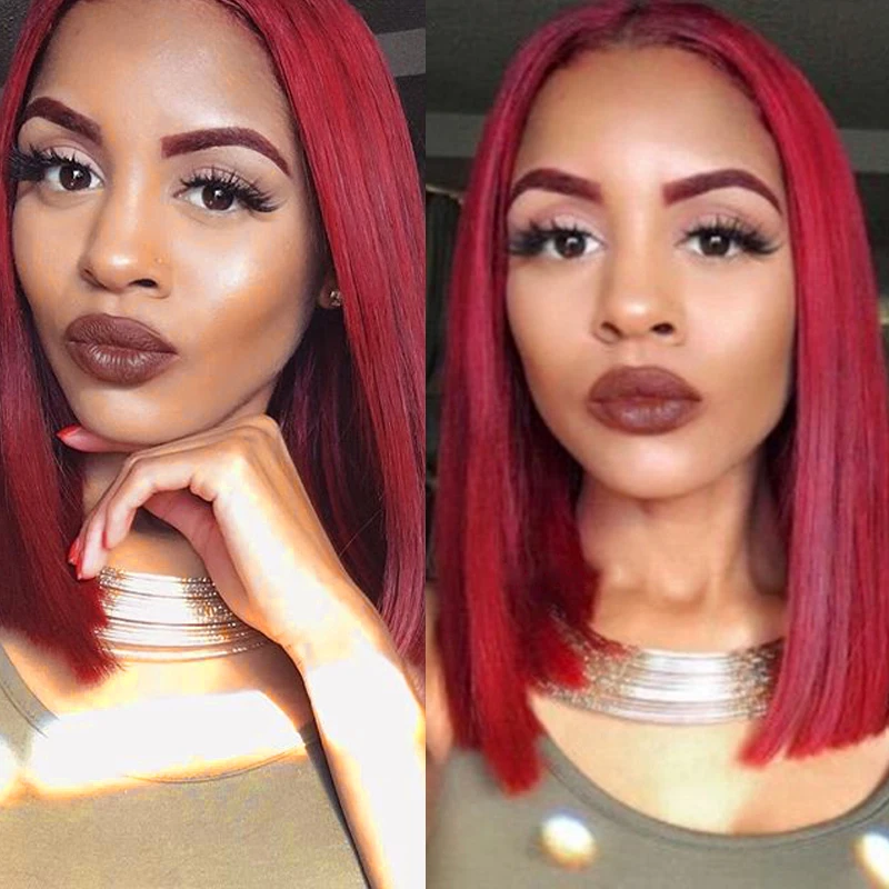 Perruque Bob Lace Front Wig naturelle brésilienne Remy, cheveux courts lisses, bordeaux 99J, 13x4, pre-plucked, 150%, pour femmes