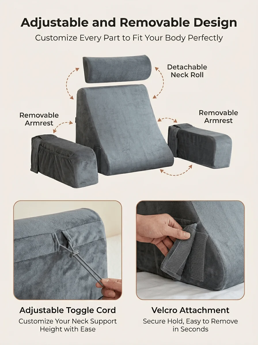 Ergonomic Reading Pillow with Armrest Premium High Density Shredded Foam Backrest for Bed Sofa and Floor Extra Large BackSupport view 3