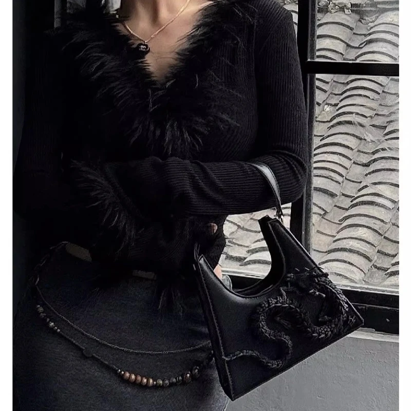 กระเป๋าหนังแท้ลายมังกรดีไซน์ดั้งเดิม  แบบสะพายข้าง  สไตล์พังก์  สำหรับผู้หญิง  ขายดี