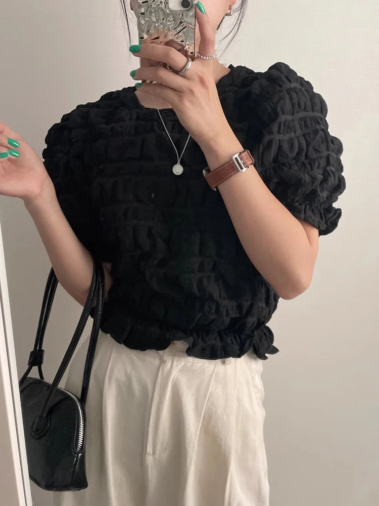

Chic Summer ort Bubble Sve irt round Ne Texture Fold Women's Top Versatile Faionable Korean Sle Slim Fit Blouse
