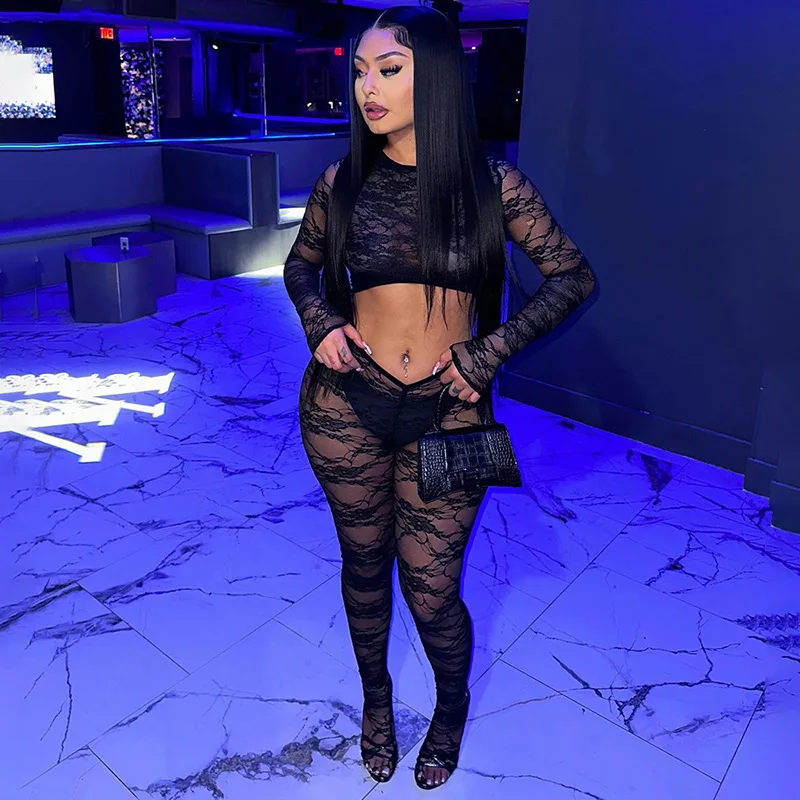 

Women Sexy Hollow Out See Through Lace Jumpsuit 2024 Spring Summer Long Sleeve Skinny Overalls Club Party Rompers Wholesale