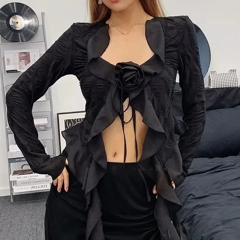 2025 Blusas De Mujer Langarm Bandage Bluse Frauen Kleidung Rüschen Tunika 3D Floral Crop Tops Mode Unregelmäßigen Sommer Shirts