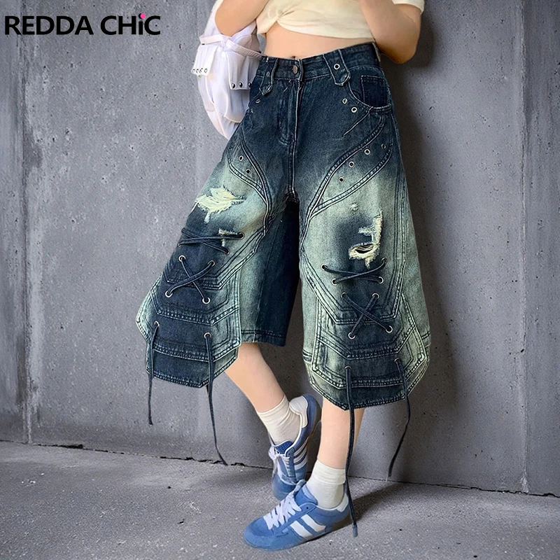

REDDACHiC Women Y2k Ripped Jean Shorts Denim Eyelets Lace Up Do Old Low Waist Wide Leg Big Size Bermuda Pants Retro Streetwear