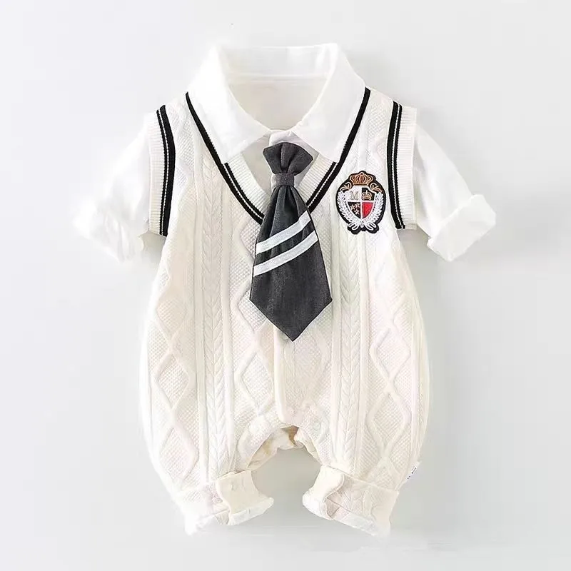 Elegant Baby Boy Romper Outfit - Double-Layer Fabric Gentleman Style Photoshoot & Outdoor Clothing for Spring Autumn