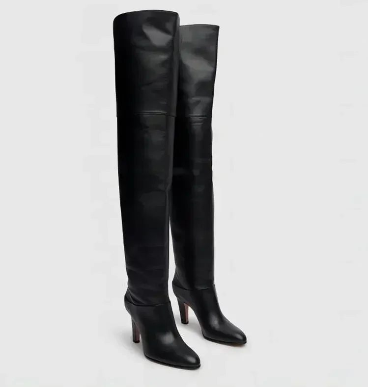 Women\'s Leather Knee High Boots Autumn and Winter Round Toe Thick High Heels 34-46 Plus Size Fashionable Women\'s Thigh Boots