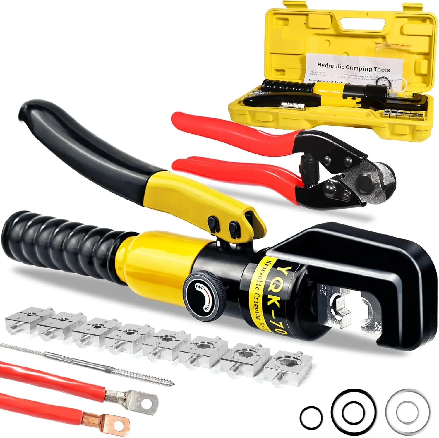 

Hydraulic Crimping Tool and Cable Cutter Kit, 10 US TON, 12 AWG to 00 (2/0) Electrical Terminal Wire Tool with 9 Dies
