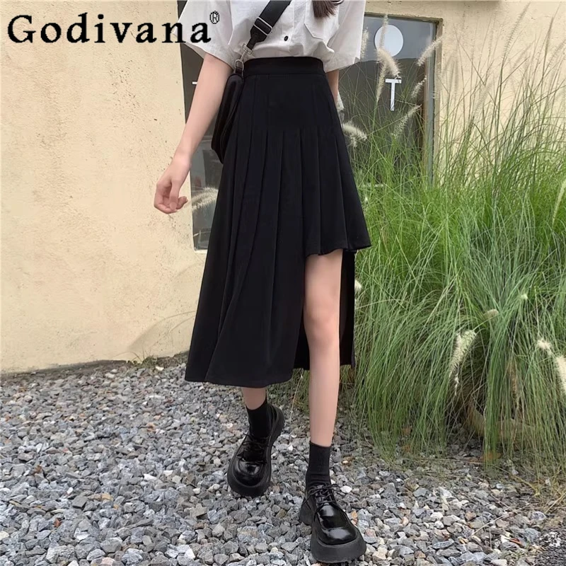 

Large Size L-4XL Girl Chic Irregular Age Reduction Pleated Skirt Spring Summer High Waist A-line Black Versatile Korean Skirts