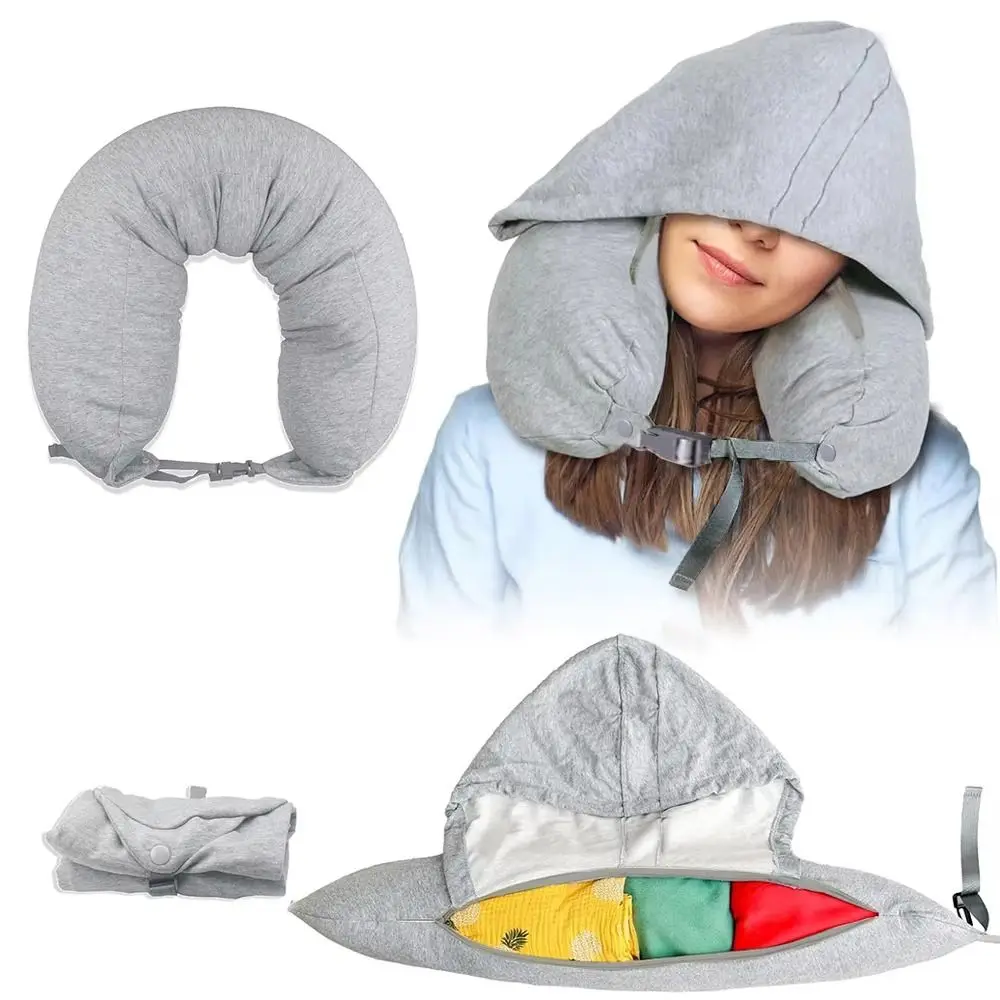 Fillable Travel Neck Pillow with Hood Light-blocking Airplane Neck Pillow Neck Support with Storage Pouch Nap Pillow