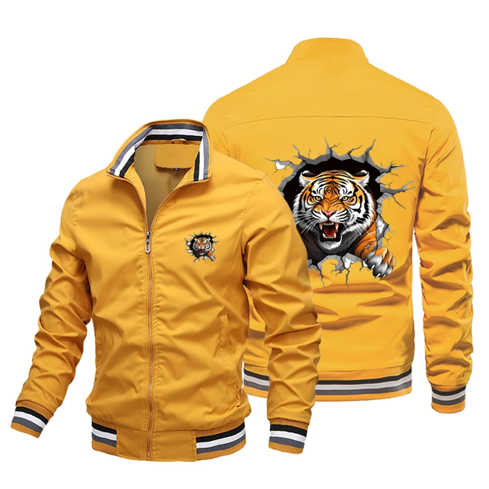 2024 Spring and Autumn New Men\'s 3D Tiger Flying Jacket Fashion Animal Pattern Windproof Plus Size Street Collar Casual Coat