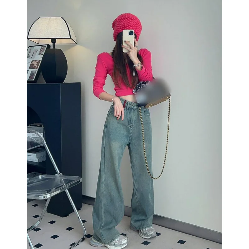 Blue Vintage Women Jeans American High Quality Embroidery Mop Pants Streetwear Wide Leg Jean Female Trouser 2024 Denim Pants