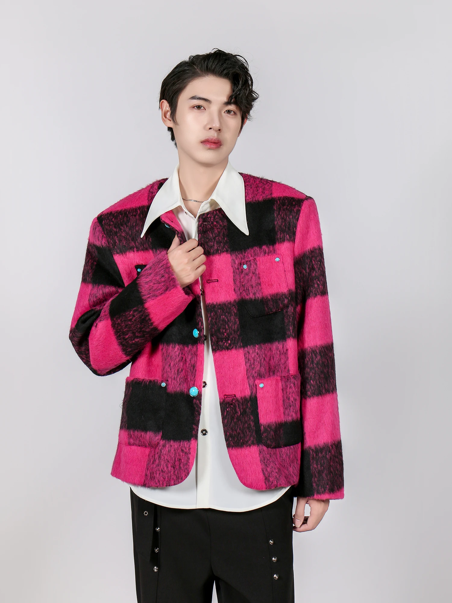 High-end Small Fragrant Coats Men's 2024 Autumn Winter New Woolen Contrast Color Long Sleeve Jackets Splicing Shoulder Jackets