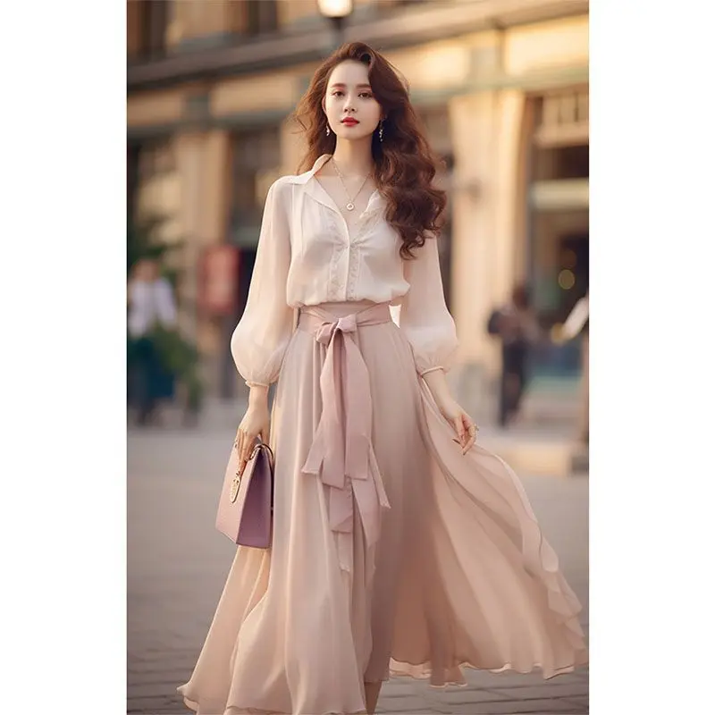 Elegant Retro French Women's Fashion Lace Up Long Sleeved Dress New Spring Sweet Beach Party Pink Women Two Piece Chiffon Dress