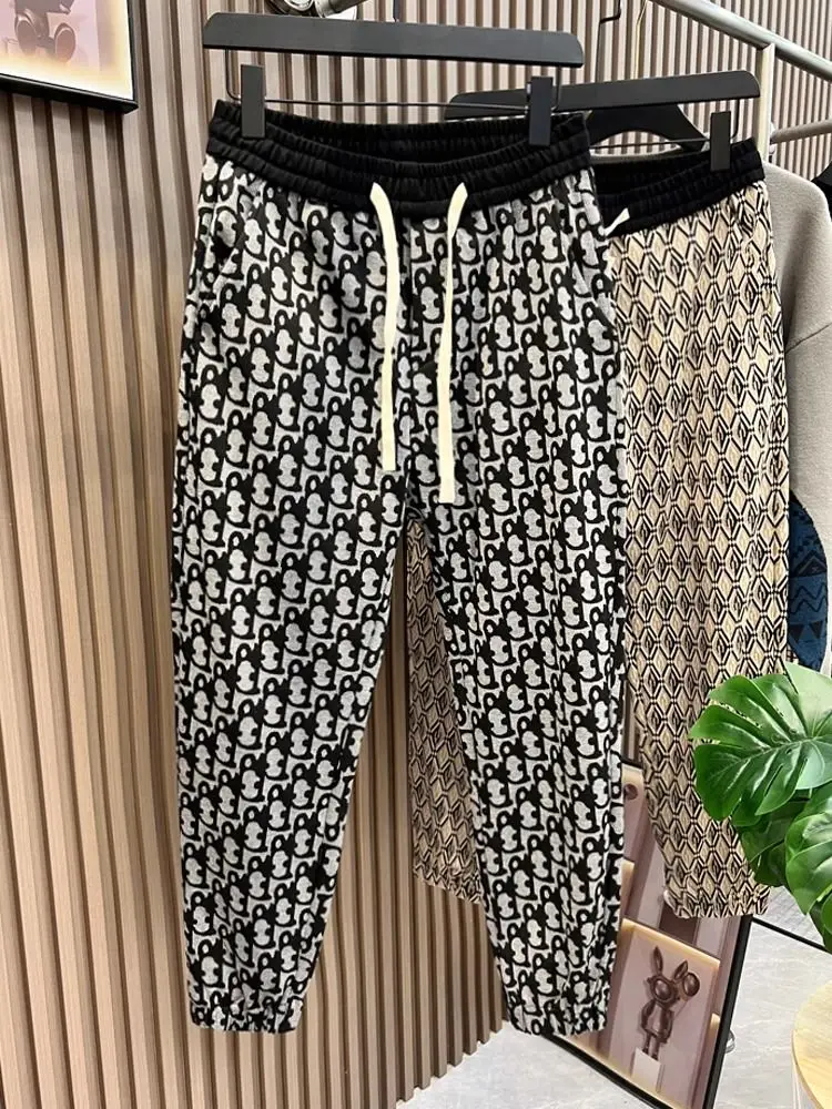 European station summer men's handsome casual pants versatile and thin tied feet 2024 printed Harlan pants thin trousers