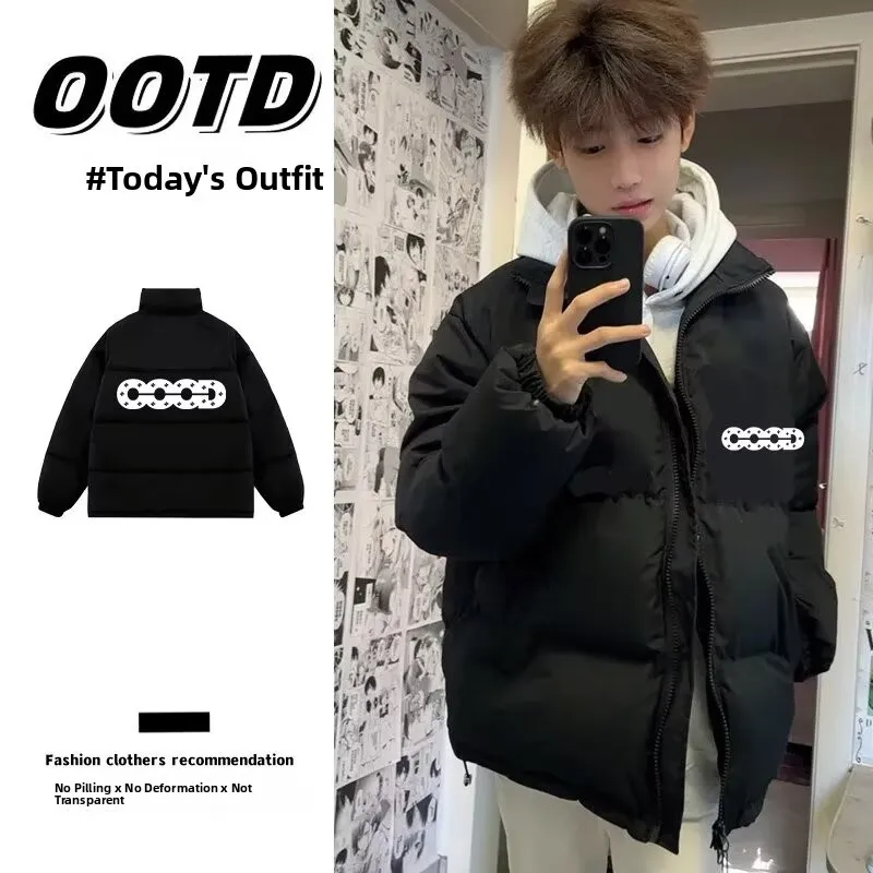 Trendy Letter GOOD Rhinestone Printed Stand Collar down Jaet Men's Loose Couples Outerwear Winter Lazy Sle Long Sve Zi...