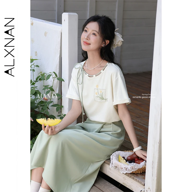 ALXNAN Plus Size Printed T-shirt Lace-up Beaded Design Women's T-shirt Summer Elegant Loose-fit Short Sleeve Tops Ladies D112112