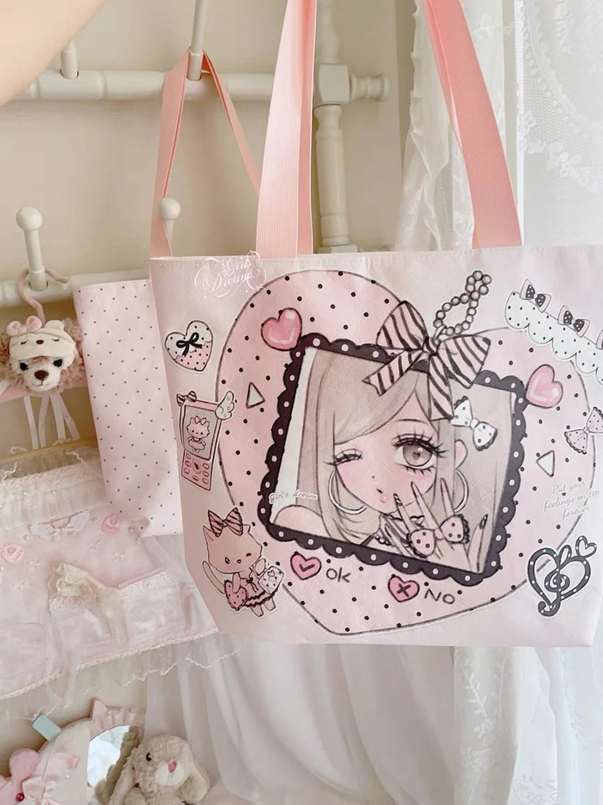 Pink Girl large capacity tote bag portable canvas bag cartoon cute shoulder bag armpit bag handbag shopping bag