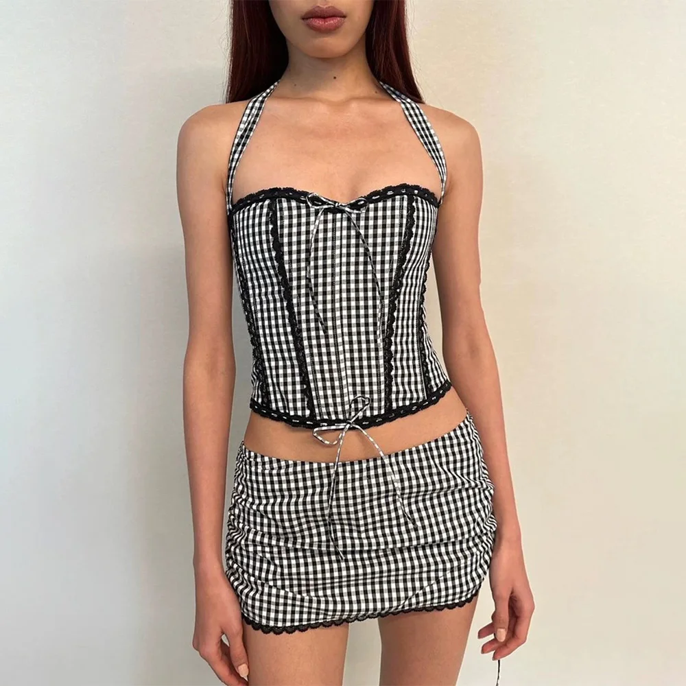 

New cotton black and white plaid lace-up neckline fishbone corset a-line skirt suit ins spicy girl style