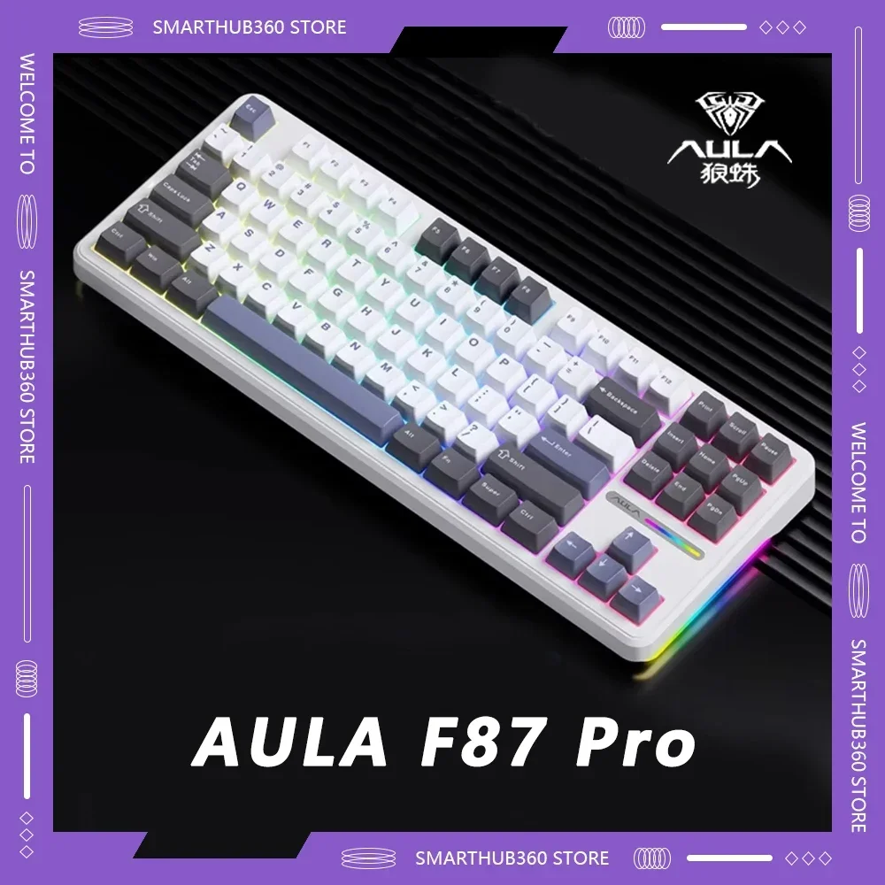 AULA F87 Pro Mechanical Keyboards Three Mode Keyboard RGB Side Light Hot Grey Wood Switch Agile Switch Swappable 87 Key for Game