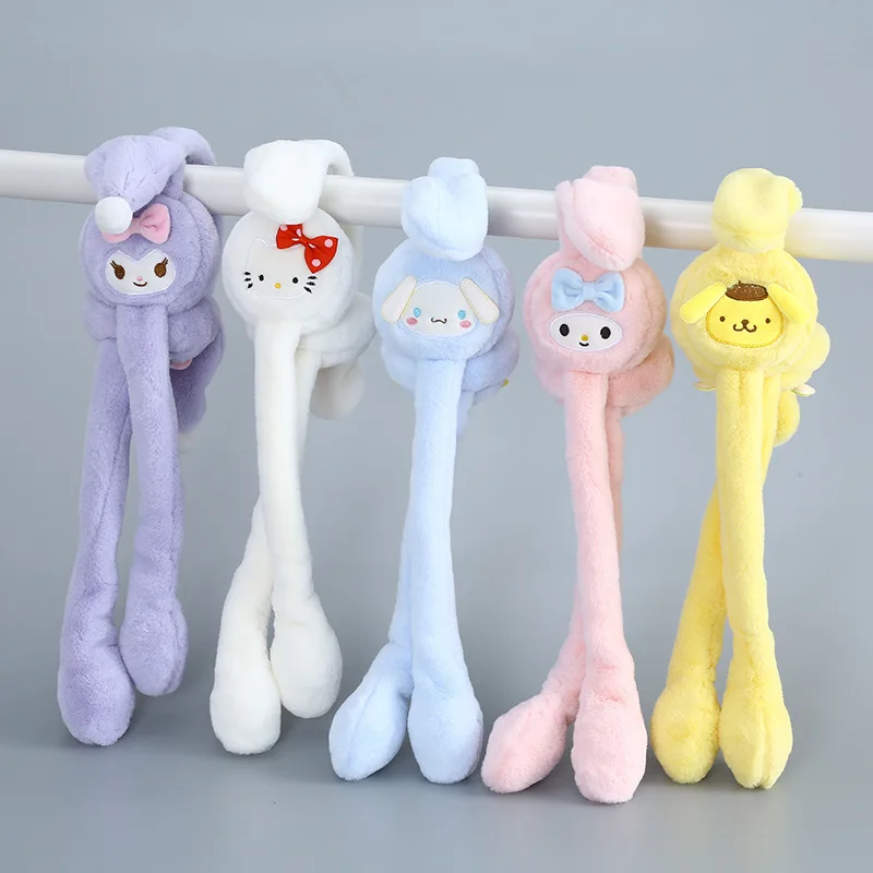 Kawaii Sanrioed Winter Moving Ears Bunny Hat Ears Warm Hello Kitty Kuromi Cinnamoroll Plush Ear Warmer Kids Windproof Ear Cover