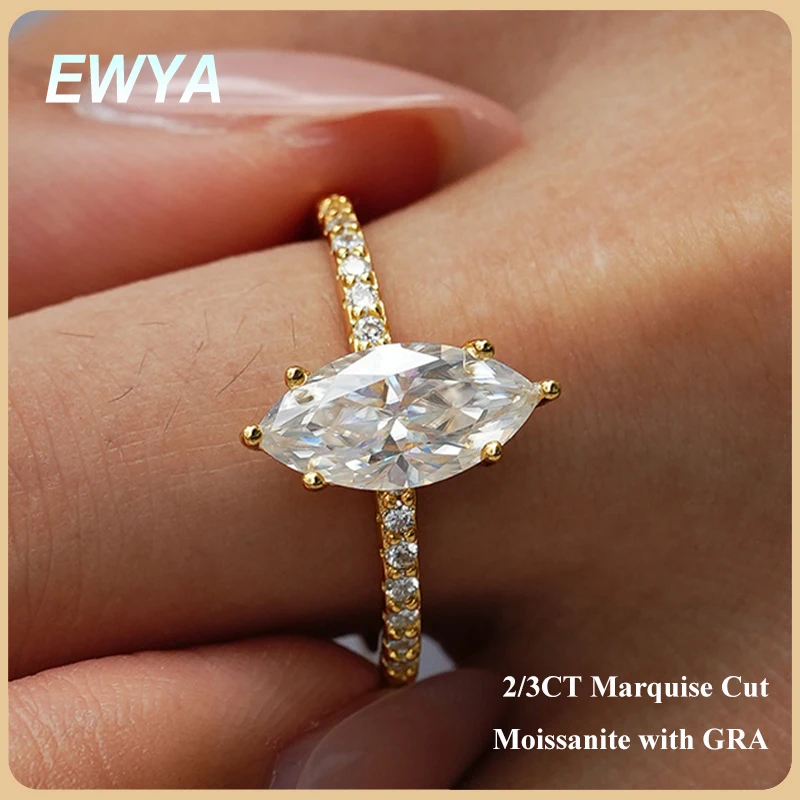 

EWYA 2/3CT Marquise Cut Solitaire Moissanite Engagement Ring For Women 925 Silver GRA Certified Lab Diamond Wedding Band Rings
