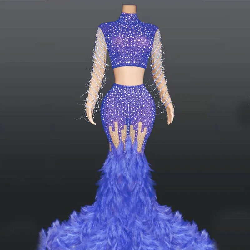 หลากสีเพลส ไดมอนด์ชุดยาวเซ็กซี่ขนยาวชุดราตรีวันเกิดเฉลิมฉลองชุดผู้หญิงเวทีชุดราตรี XS5035