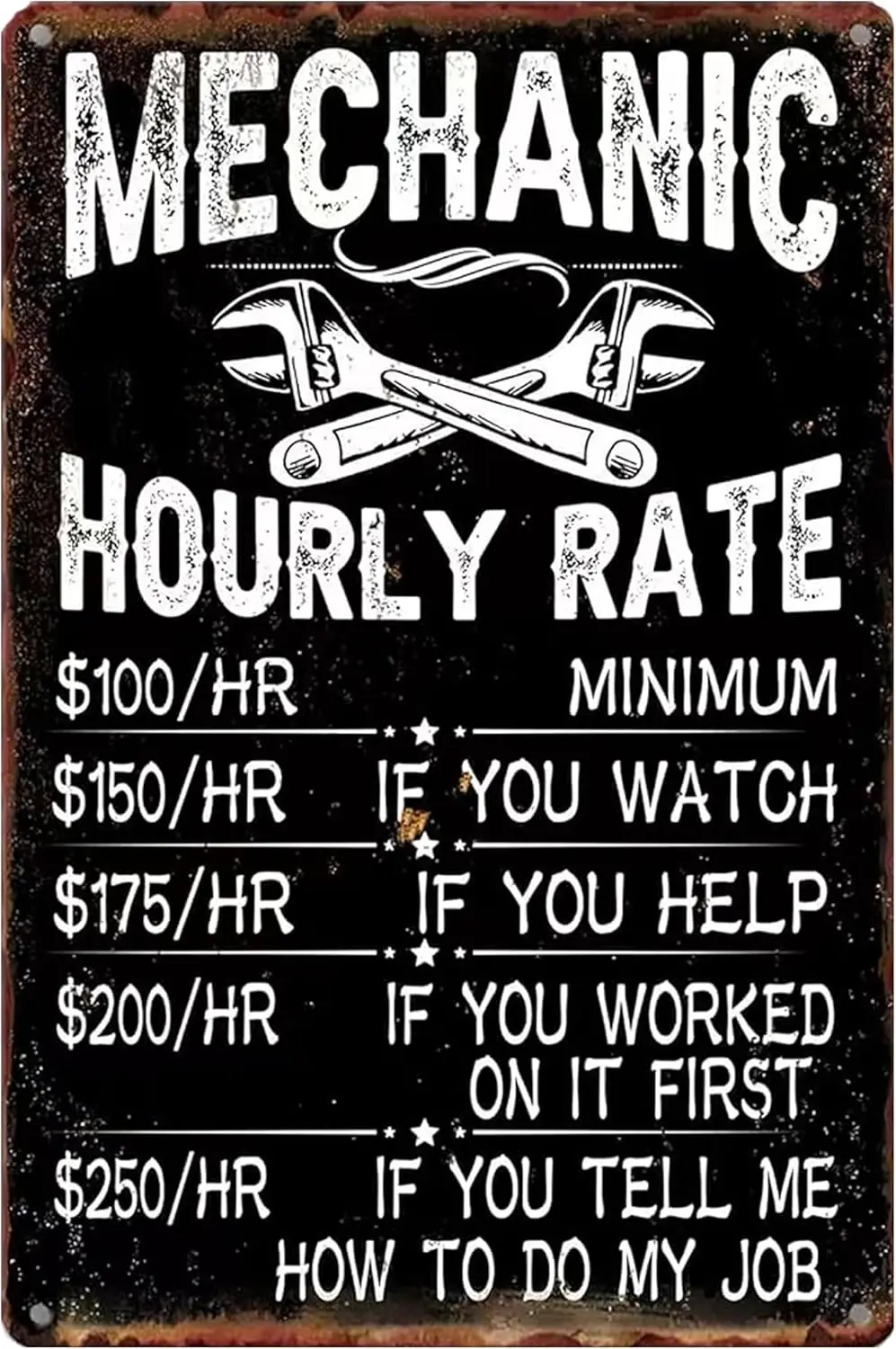 Mechanic Gifts Garage Signs for Men，Metal Signs Garage Shop Hourly Rates Tin Signs Retro Wall Art Sign for Cafe Bar Pub Home 12