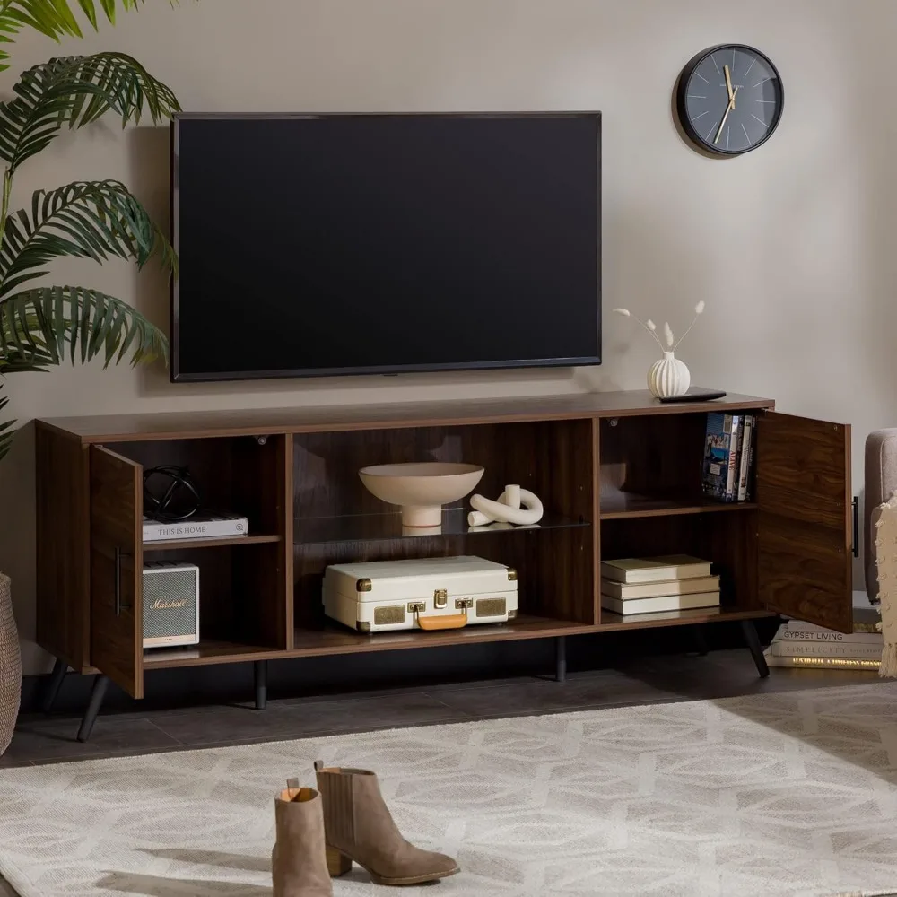 Saxon dudukan TV rak kaca Modern pertengahan abad untuk TV hingga 65 inci, 60 inci, Walnut