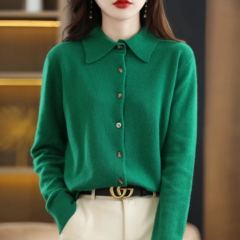 Spring And Autumn Winter POLO Neck Wool Knitted Shirt With Loose Long-Sleeved Sweater Cardigan Temperament Lapel Coat Bottoming