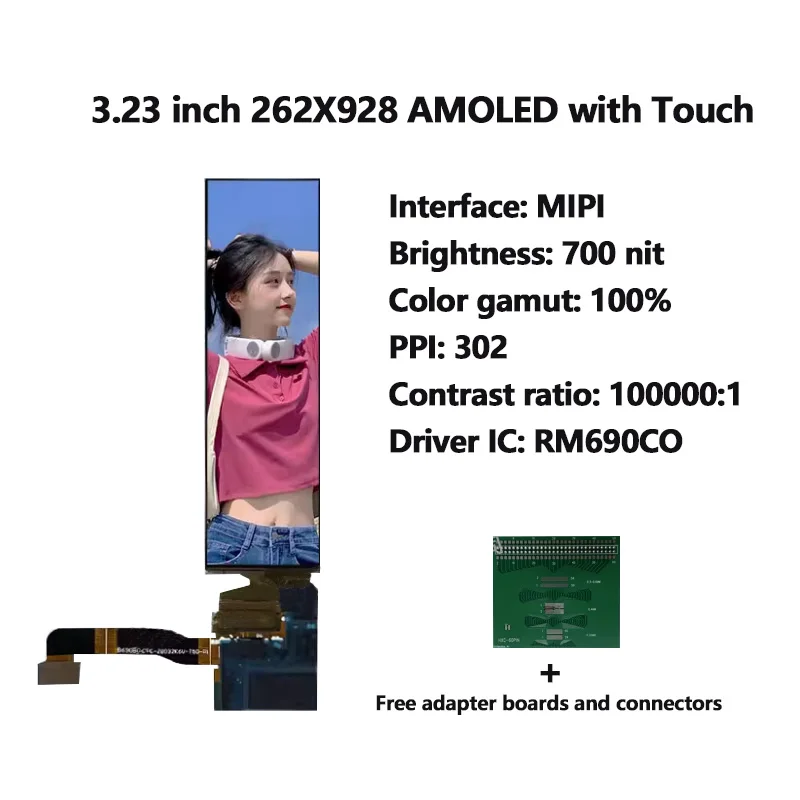 

3,23-дюймовый сенсорный AMOLED-дисплей 262x928 с узкой рамкой, для использования на улице, высокой четкости и яркости, цветной экран