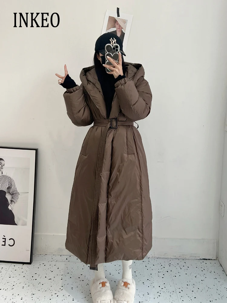 Luxury Women Long puffer jacket with belt Brown 2023 Winter Loose Warm Long sleeve 90% white duck down coat Clothing INKEO 3O084